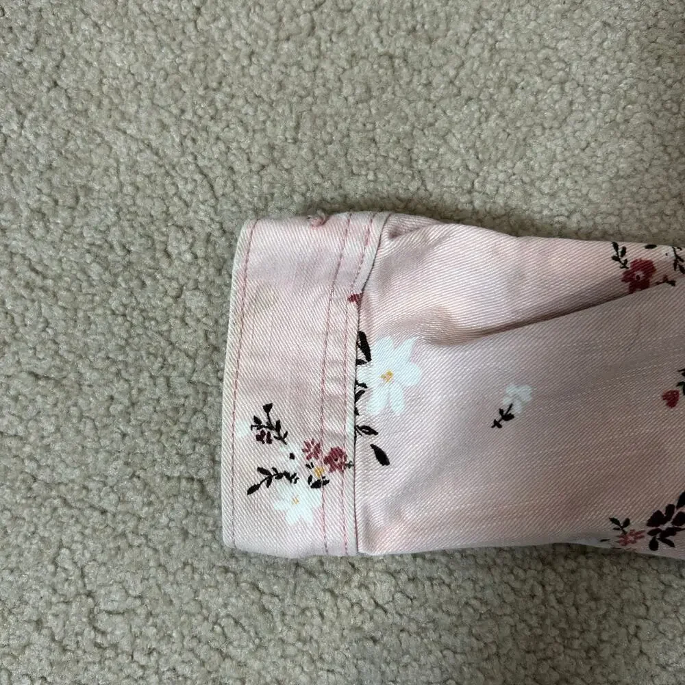 The Children’s Place Girls Floral Denim Jacket Pink Raw Hem Cotton Twill 7/8 M